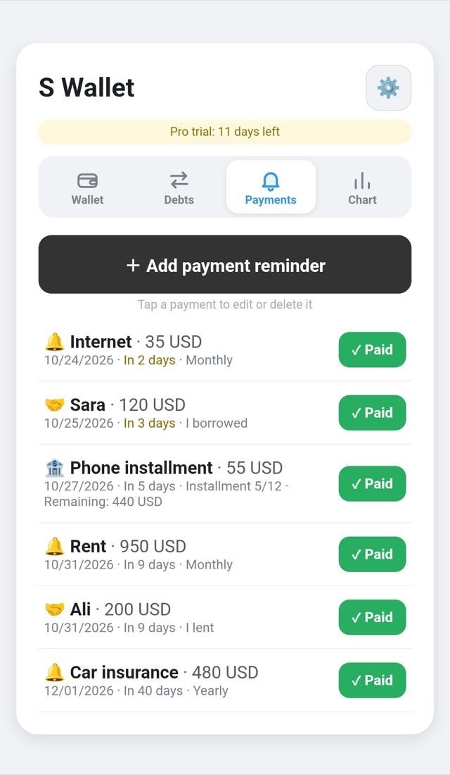 Payments screen listing rent, internet, a loan installment and a debt with due dates and Paid buttons