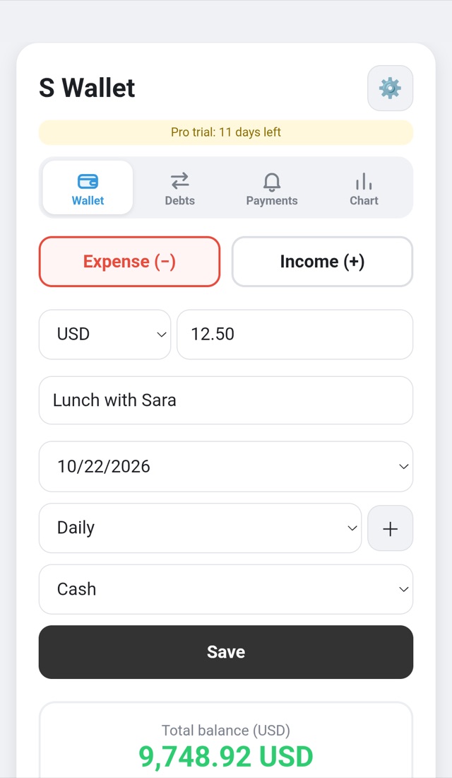 Quick add screen: choose currency, type an amount, add a note and category, then save; total balance below