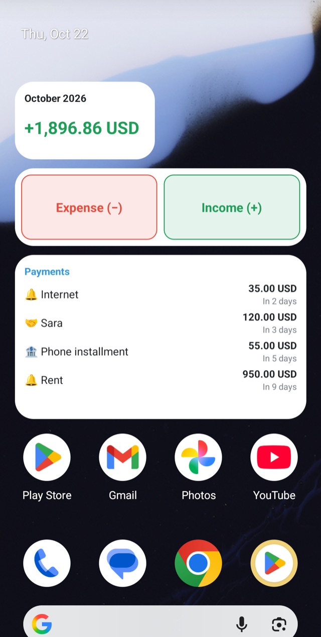 Android home screen with S Wallet widgets: monthly summary, quick add buttons and upcoming payments